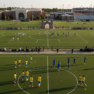 World Cup soccer teams training on American high school fields with pristine facilities.