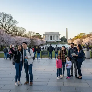 People walking through a sunlit, open plaza with the Washington Monument in the background.