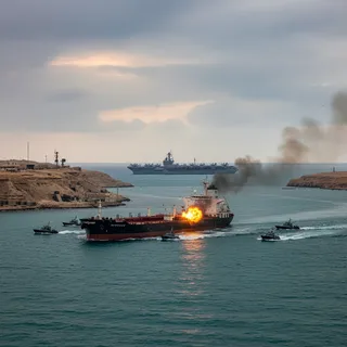 Military exercise in the Strait of Hormuz with an Iranian ship firing on a commercial tanker.