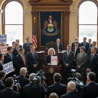 Maine Governor Janet Mills during a press conference discussing environmental and economic impacts of data centers.