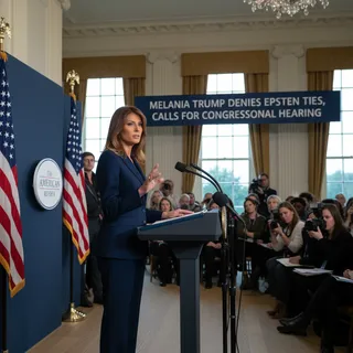 First Lady Melania Trump in the White House, looking serious, denies connection to Jeffrey Epstein.
