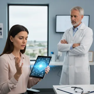 Doctor in a clinical setting points to a computer screen displaying health data, with a patient looking on.
