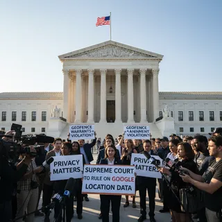 Supreme Court building with Google location data imagery highlighting privacy concerns.