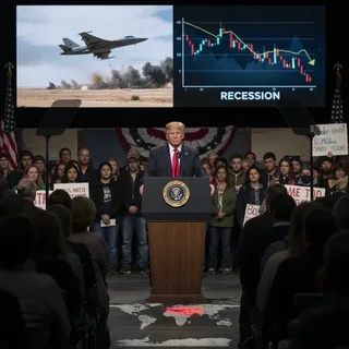 President Donald Trump appears concerned amid a backdrop suggesting geopolitical tensions and political challenges.