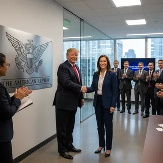 Erin Browne, a decorated financial executive, in a modern office setting, considered for Treasury post.