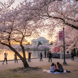 Washington Monument surrounded by blooming cherry blossom trees during peak bloom season.