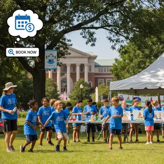 Children participate in a summer camp activity outdoors on a sunny day in the Washington, D.C. area.