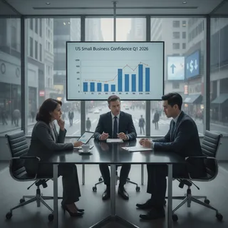 Small business owners in a modern office setting look concerned amid economic uncertainty and inflation.