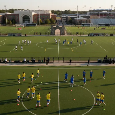 World Cup soccer teams training on American high school fields with pristine facilities.