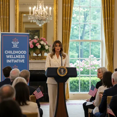 First Lady Melania Trump stands at a podium in the White House, delivering a statement.
