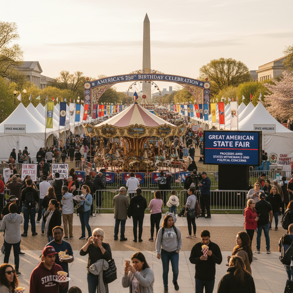 People enjoying a vibrant state fair on the National Mall with tents and exhibits under a clear sky.