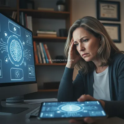 Doctor with concerned expression looks at smartphone displaying AI health data in a clinical setting.