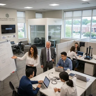 Young entrepreneurs collaborate in a modern office space at Hagerstown Community College's business incubator.