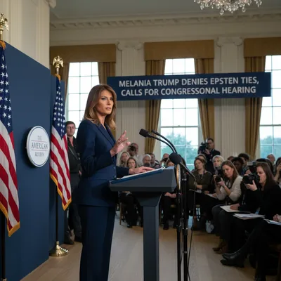 First Lady Melania Trump in the White House, looking serious, denies connection to Jeffrey Epstein.