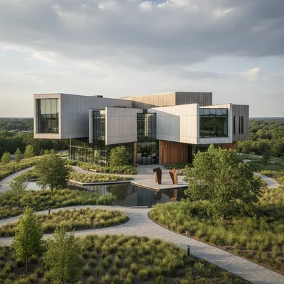 Modern school building exterior with professional landscaping, showcasing architectural photography principles and a realistic setting.