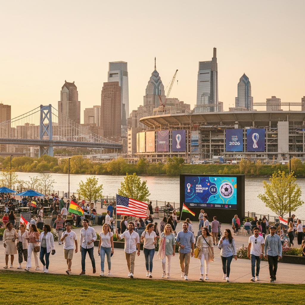 Philly skyline with soccer ball at sunset, celebrating 2026 World Cup hosting duties