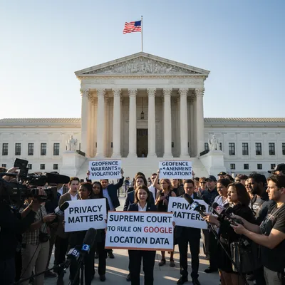 Supreme Court building with Google location data imagery highlighting privacy concerns.