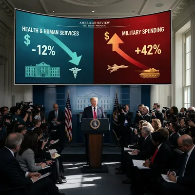 President Trump stands at a podium with the White House in the background, discussing budget proposals.