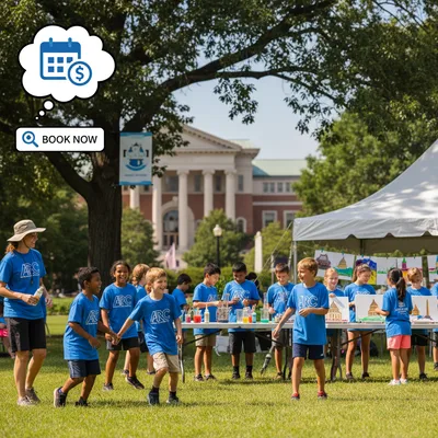 Children participate in a summer camp activity outdoors on a sunny day in the Washington, D.C. area.