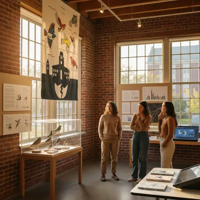 Student-curated UMass Amherst exhibit showcases the impact of window collisions on migratory birds.
