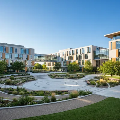 Modern architectural photography of the University of the District of Columbia campus with landscaped grounds.
