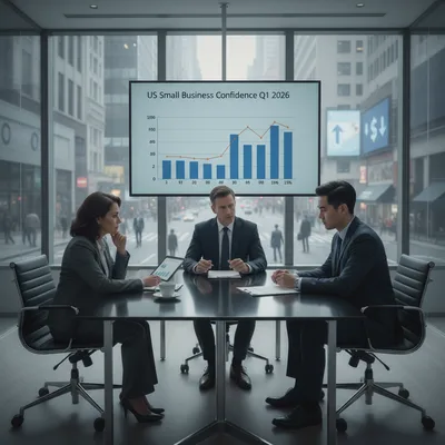 Small business owners in a modern office setting look concerned amid economic uncertainty and inflation.