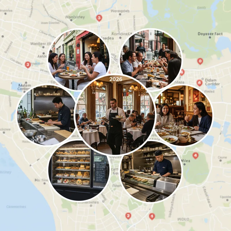 Photorealistic news photograph of diverse, upscale dining establishments in Washington, D.C. ópt for a 2026 guide.