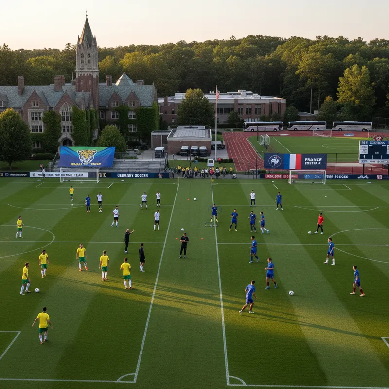 Soccer players in uniform train on a green field at an American high school with a stadium in the background.