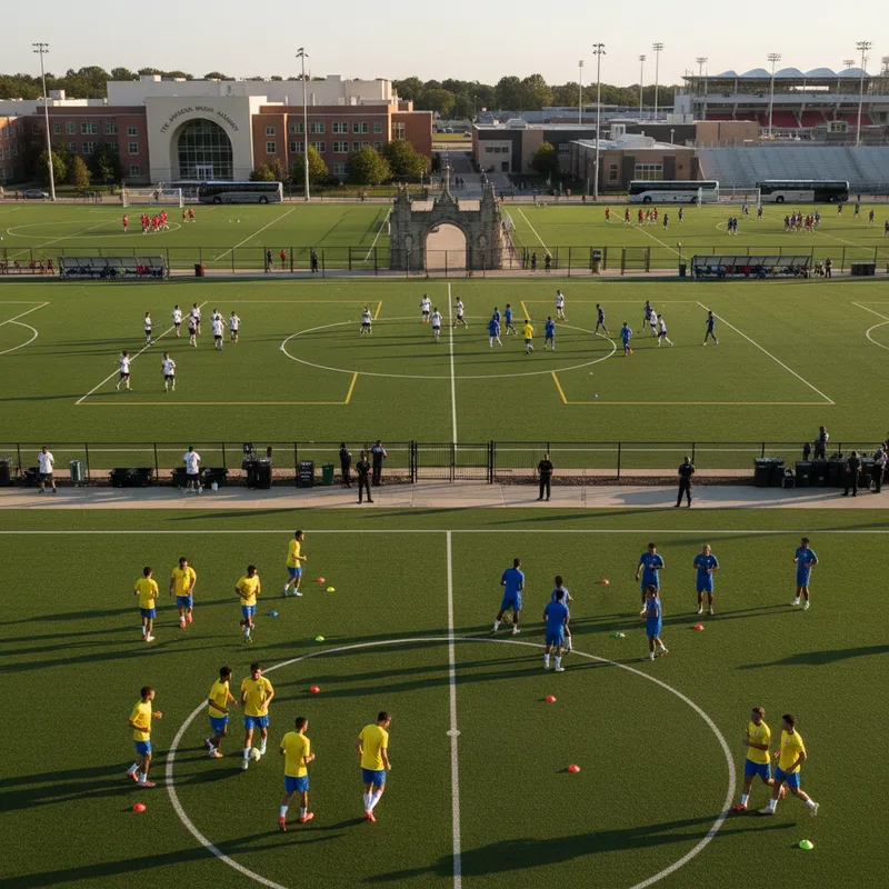 World Cup soccer teams training on American high school fields with pristine facilities.