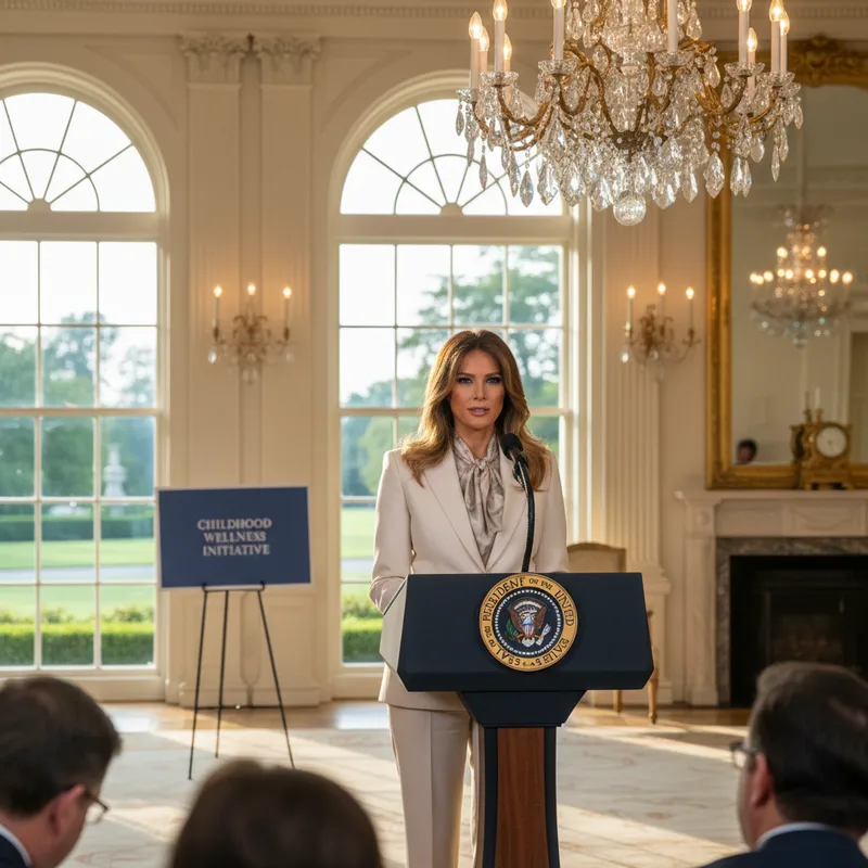 Melania Trump speaks at a podium in the White House announcing a new childhood wellness initiative