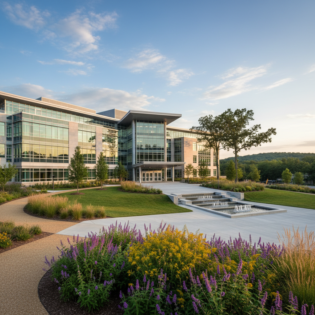 Modern building exterior with landscaped grounds, captured in architectural style.