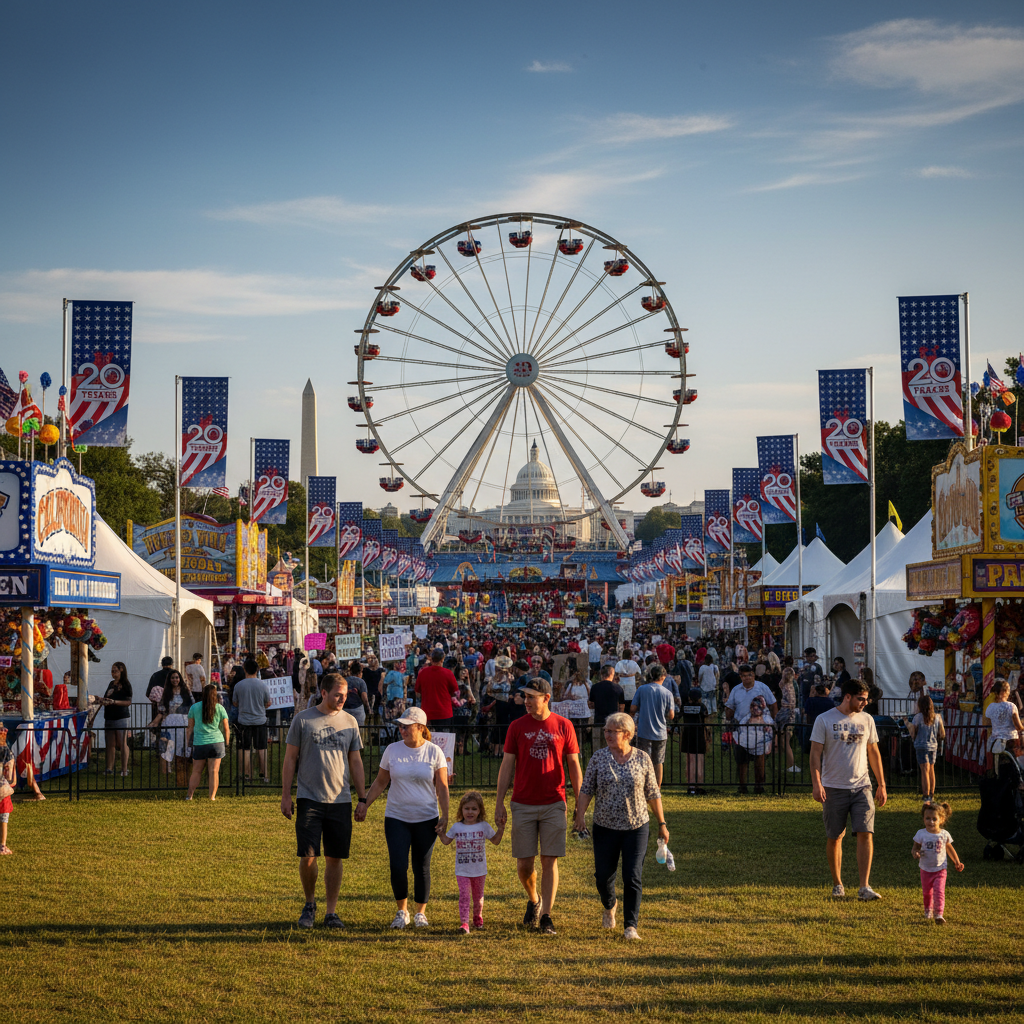 People enjoy a state fair on the National Mall celebrating America's 250th birthday.