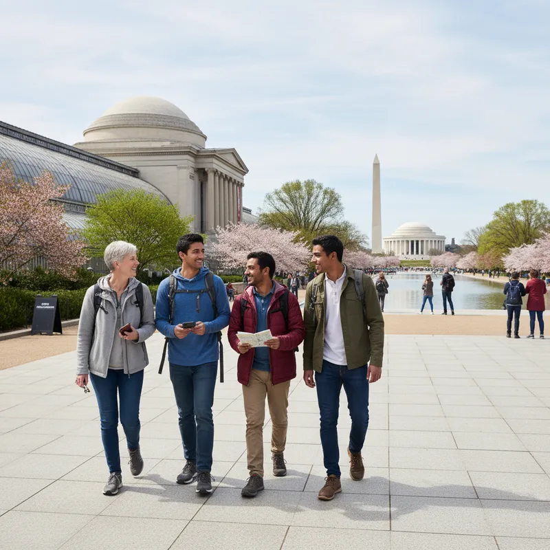 Tourists explore a free museum exhibit with informative displays on history and culture in Washington, D.C.