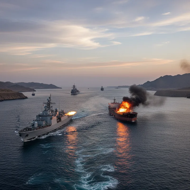 Military forces fire on a commercial tanker near a naval vessel in the Strait of Hormuz.