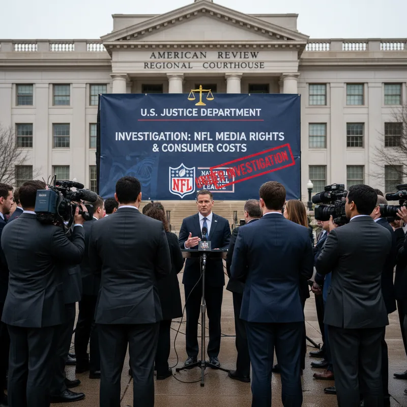 United States Department of Justice seal superimposed over a football stadium during daytime.