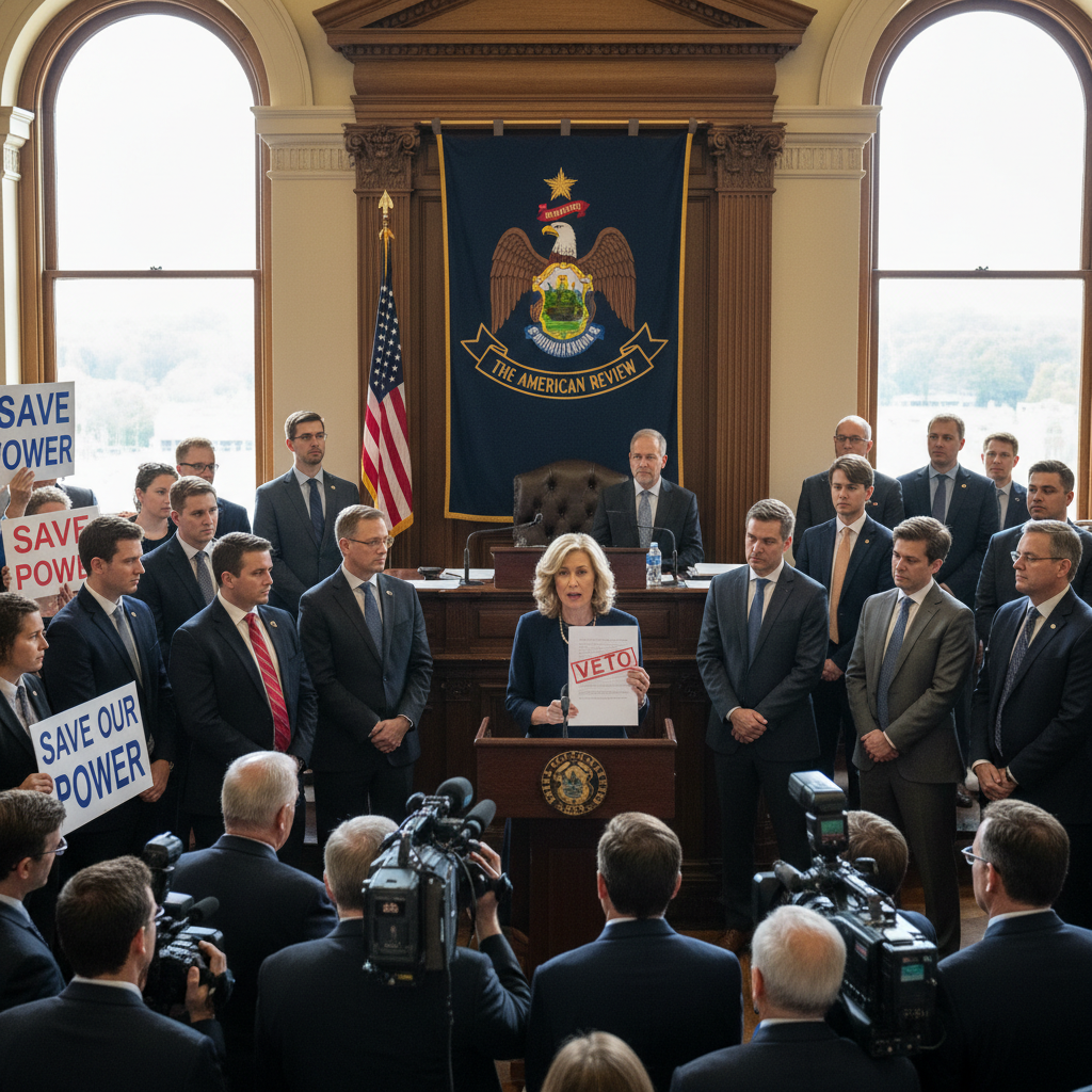 Maine Governor Janet Mills during a press conference discussing environmental and economic impacts of data centers.