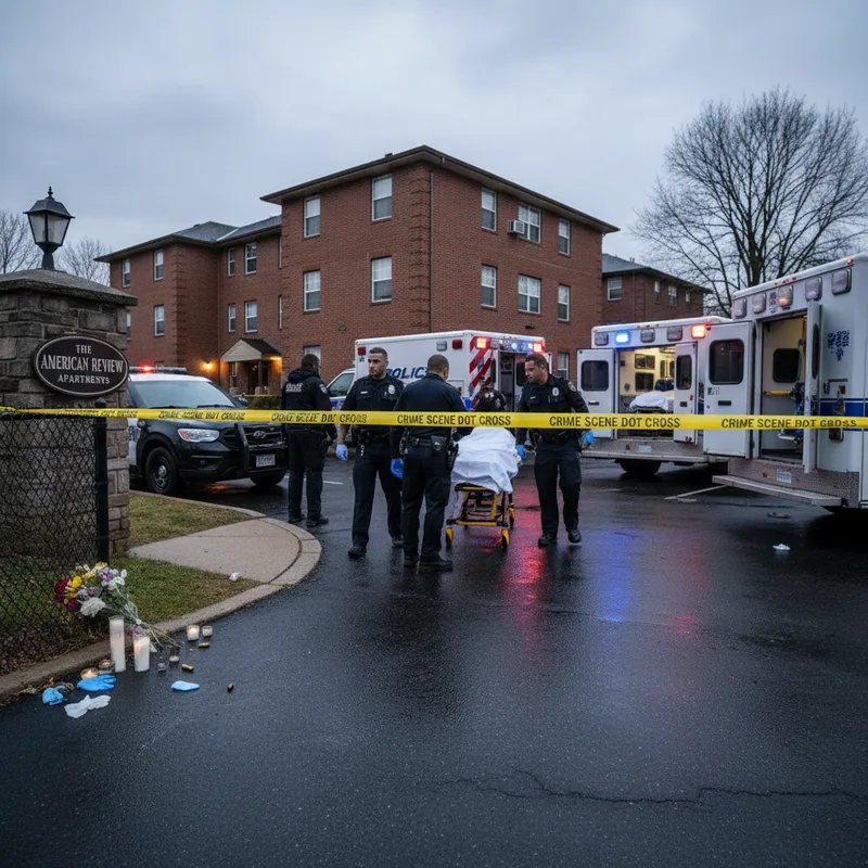 Crime scene in Southeast D.C. with police tape and investigators at an apartment complex.
