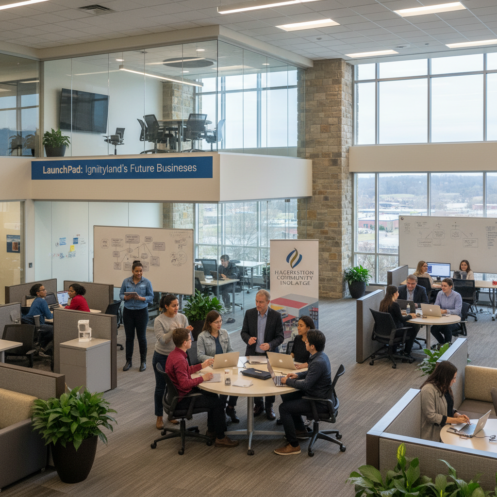 Young entrepreneurs collaborate in a modern office space at a Maryland college incubator program.