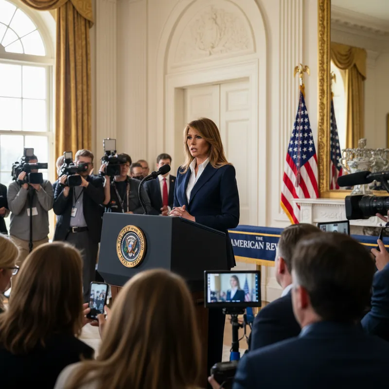 First Lady Melania Trump stands at a press conference podium in the White House.,caption: