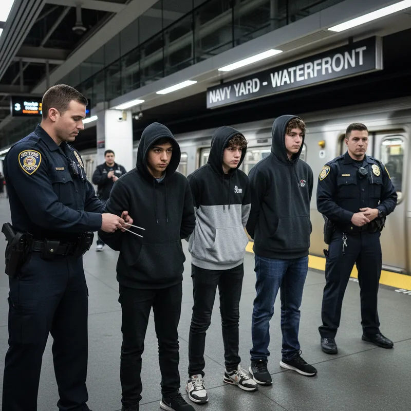 Police officers detain four young individuals in Metro Transit Police uniforms at a subway station.