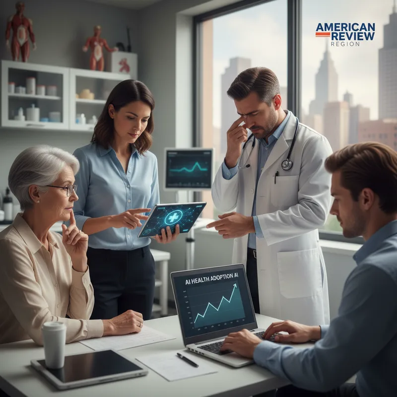 Doctor looking concerned while a diverse group of patients consults devices displaying AI health information.