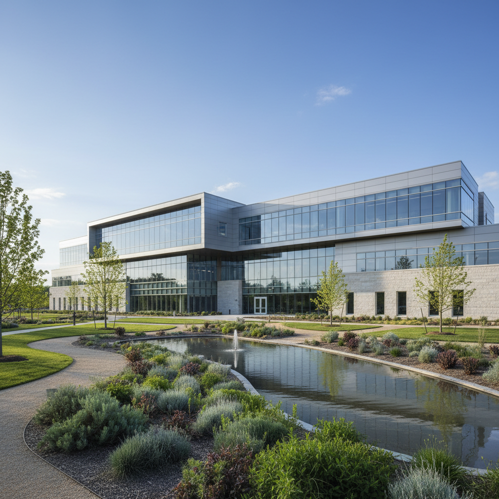 Modern building exterior with landscaped grounds, architectural photography style.