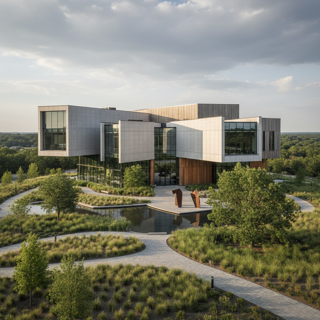 Modern school building exterior with professional landscaping, showcasing architectural photography principles and a realistic setting.