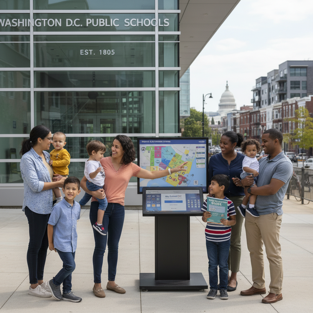 News photo of Washington D.C. public school buildings with diverse students walking towards them.