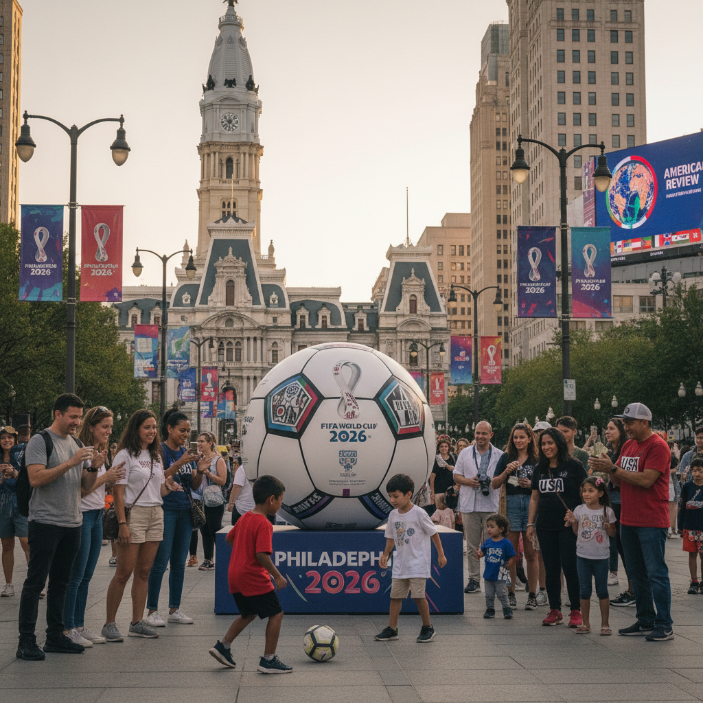 Philadelphia skyline with soccer ball graphic overlay, hinting at 2026 World Cup, warm lighting.