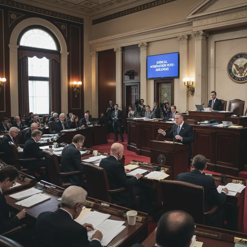 U.S. Senate chamber with senators voting on a judicial nomination, captured in realistic news photography style.