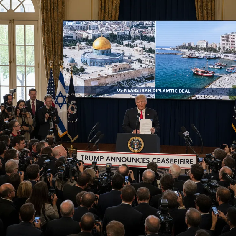 Donald Trump speaking at a podium with a backdrop suggesting a news conference, conveying a political announcement.