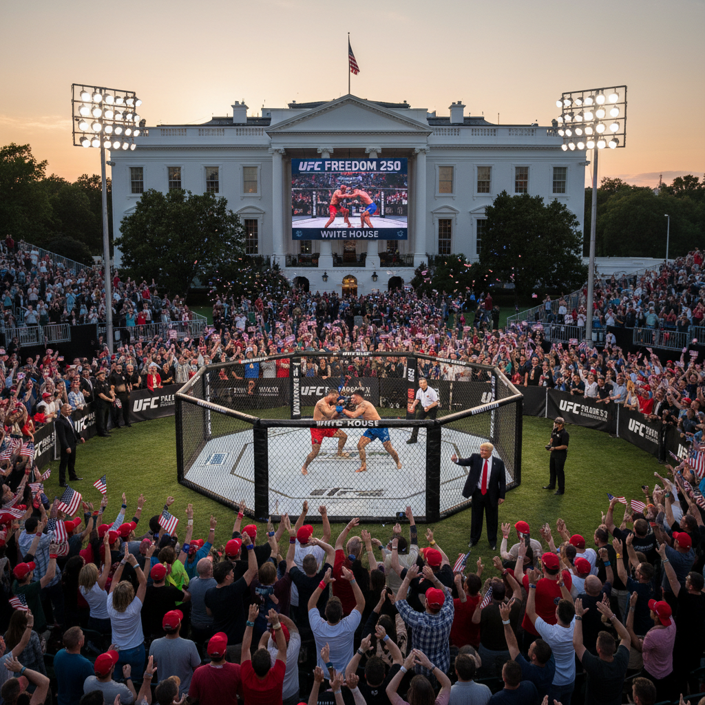 President Trump on White House lawn watching UFC fighters during an event.