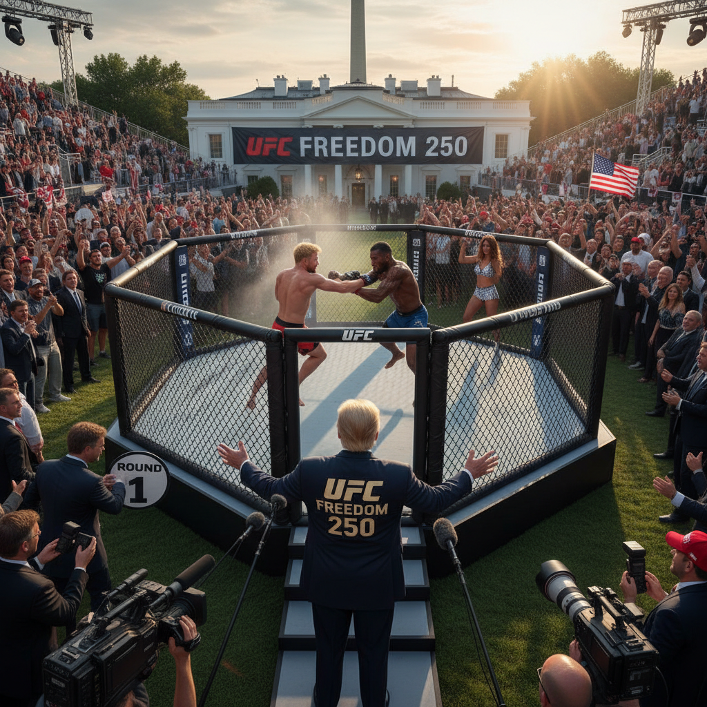 President Trump watches UFC fighters battle on the White House South Lawn during a special event.