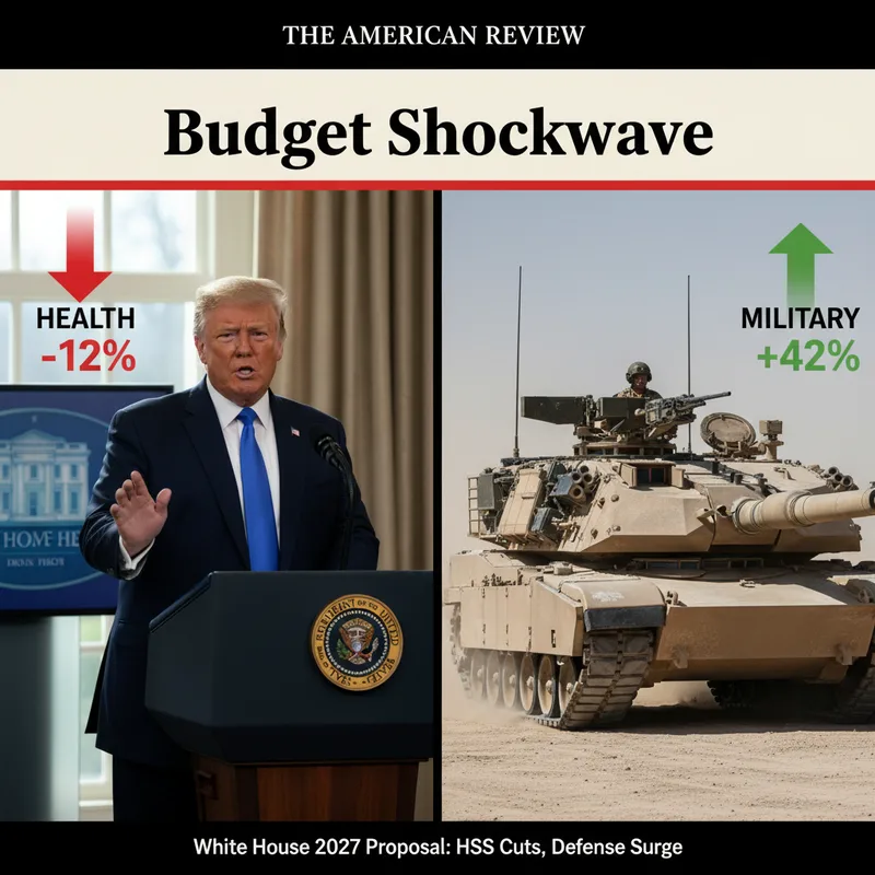 President Trump in the Oval Office gesturing towards a budget chart showing health cuts and military increases.
